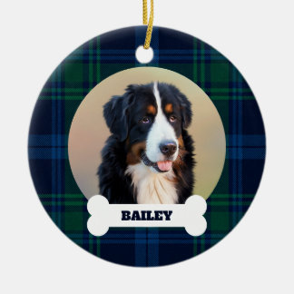 Haustier-Hund-Foto Blau Grün Tartan Karo Name auf Keramik Ornament