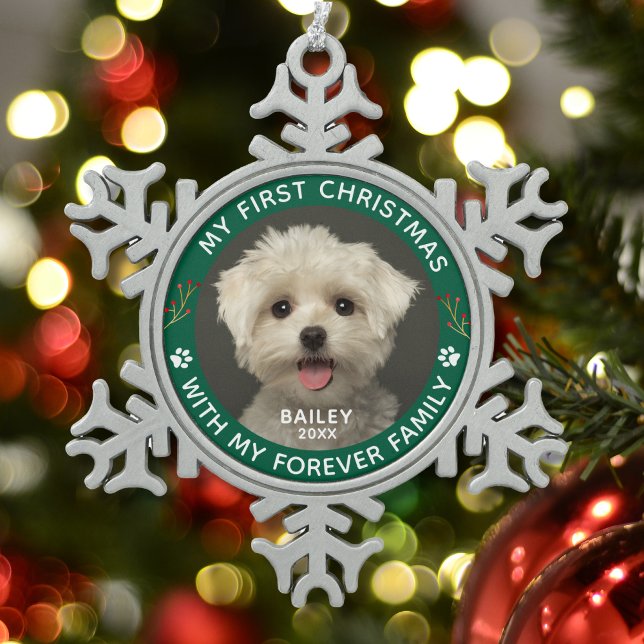 Haustier Hund mein erstes Weihnachts-Custom-Foto Schneeflocken Zinn-Ornament (Von Creator hochgeladen)