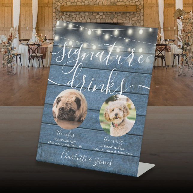 Haustier-Hunde-Signatur trinkt String-Lights Blau  Sockelschild (Pet Dog Signature Drinks String Lights Blue Wood Pedestal Sign)