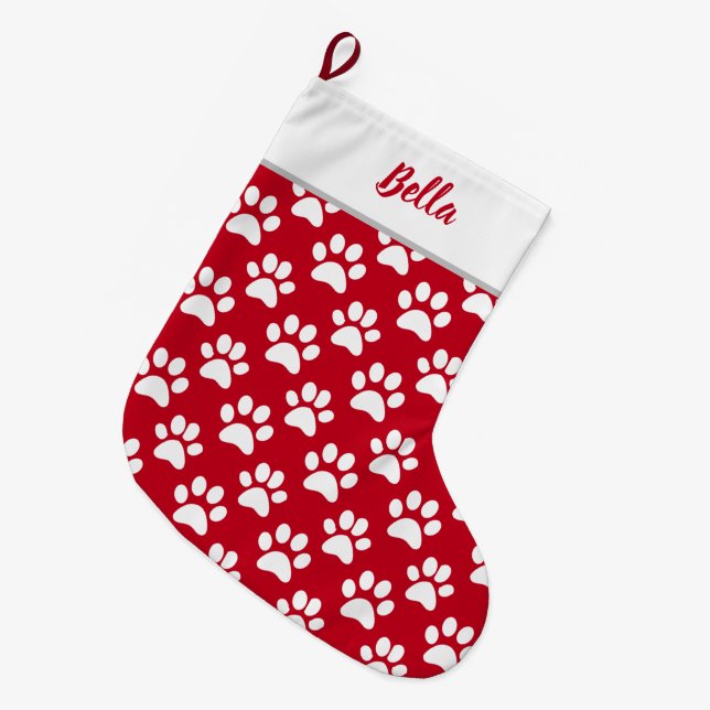 Haustier Katze Name Red White Paw Prints Großer Weihnachtsstrumpf (Vorderansicht (hängend))