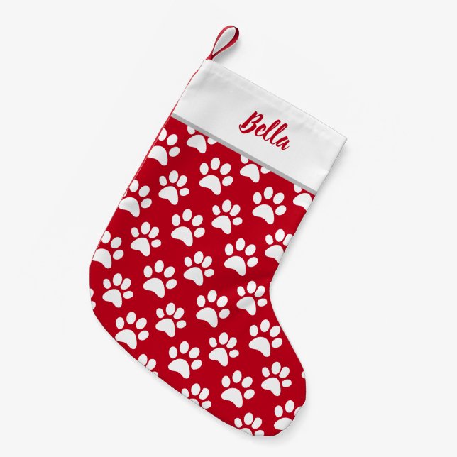 Haustier Katze Name Red White Paw Prints Kleiner Weihnachtsstrumpf (Vorderansicht (hängend))