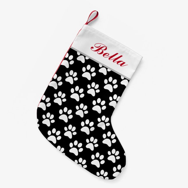 Haustier Katze Name Schwarz-weiß Paw Prints Kleiner Weihnachtsstrumpf (Vorderansicht (hängend))