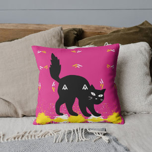 Haustier schwarze Katze weiß gelb Muster rosa pers Kissen