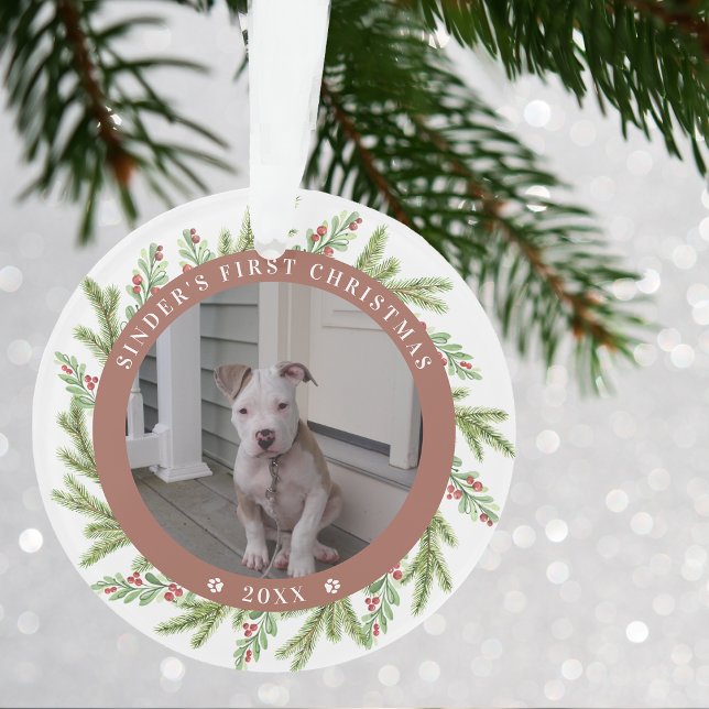 Haustier Welpen Hund Erster Weihnachten 2 Fotos Gr Ornament (Pet Puppy Dog First Christmas 2 Photos Greenery Ornament)