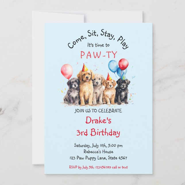 Haustier Welpen Hund Geburtstag Pawty Einladung (Vorderseite)