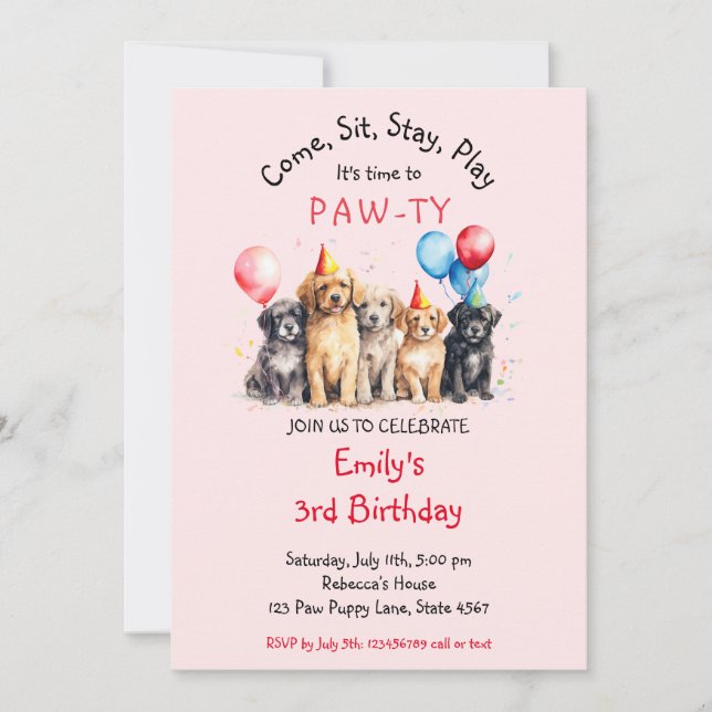 Haustier Welpen Hund Geburtstag Pawty Einladung (Vorderseite)