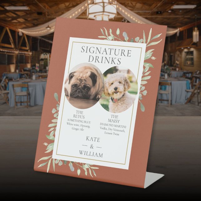 Haustiere Fotos Unterschrift Drinks Grüne Weinrout Sockelschild (Pet Photos Signature Drinks Greenery Terracotta Pedestal Sign)