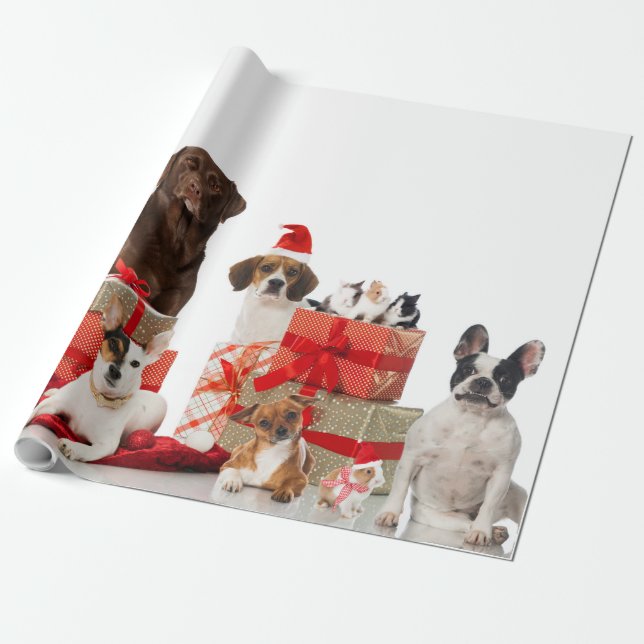 Haustiere in Weihnachtsmannmützen Weihnachtswackel Geschenkpapier (Ungerollt)