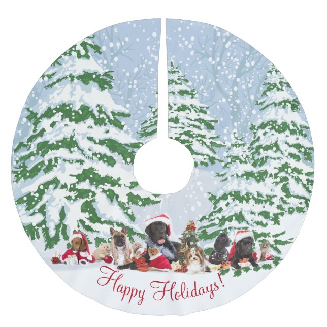 Haustiere Schnee und Bäume Polyester Weihnachtsbaumdecke (Vorderseite)