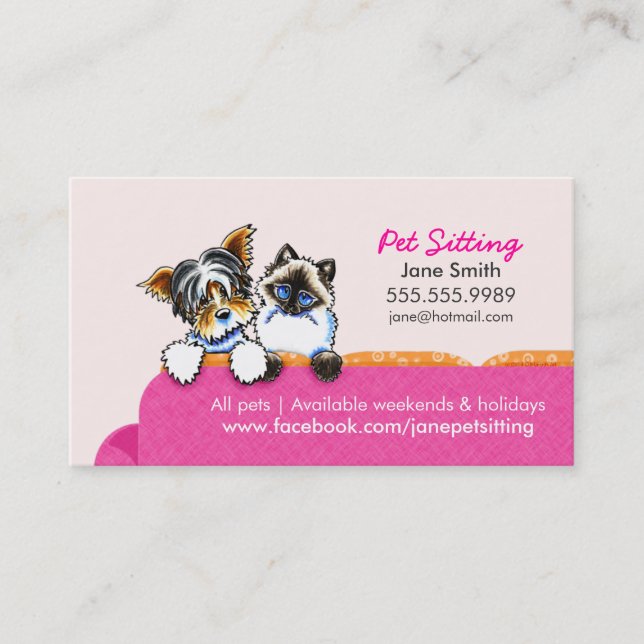 Haustiere Sitzende Yorkie mit Katzencouch rosa Visitenkarte (Vorderseite)