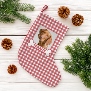 Haustierfoto & Hundeknochen mit Namen auf rot-weiß Kleiner Weihnachtsstrumpf