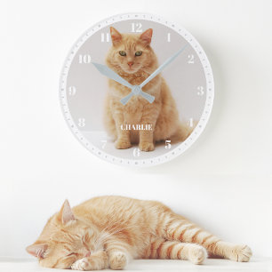 Haustierkatzenfoto mit individuellem Namen und Zah Runde Wanduhr