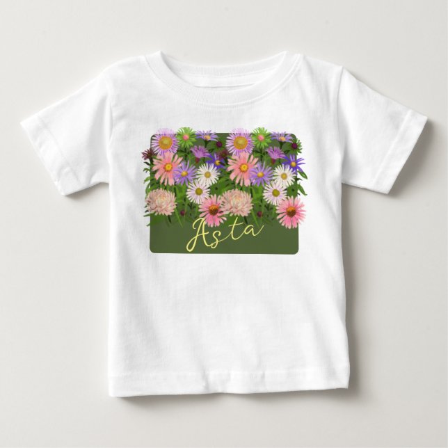 Haut bébé floral t-shirt Rose Asters et son nom (Devant)