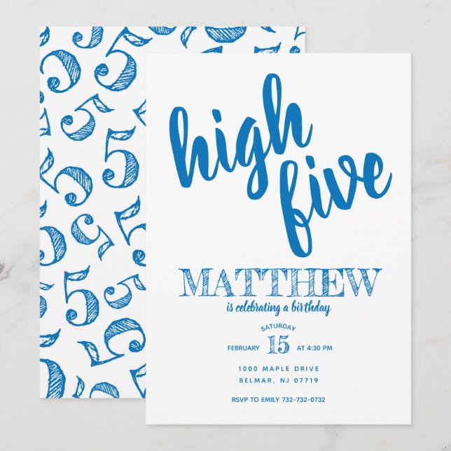 Haut cinq cinquième anniversaire Invitation bleue (Devant / Derrière)