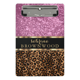 Hautmuster aus braunem Leopard und rosa Glitzer Mini Klemmbrett