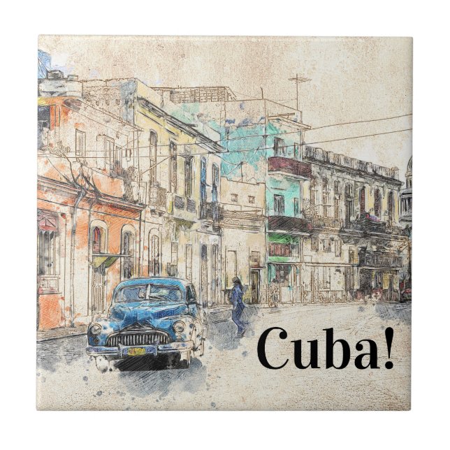 Havana Cuba Illustration Fliese (Vorderseite)