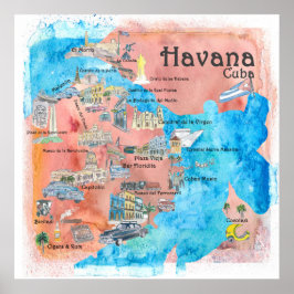 Havana Cuba Illustriert Travel Poster Map