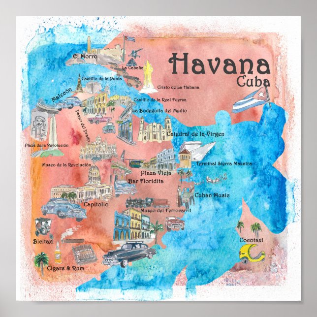 Havana Cuba Illustriert Travel Poster Map (Vorne)