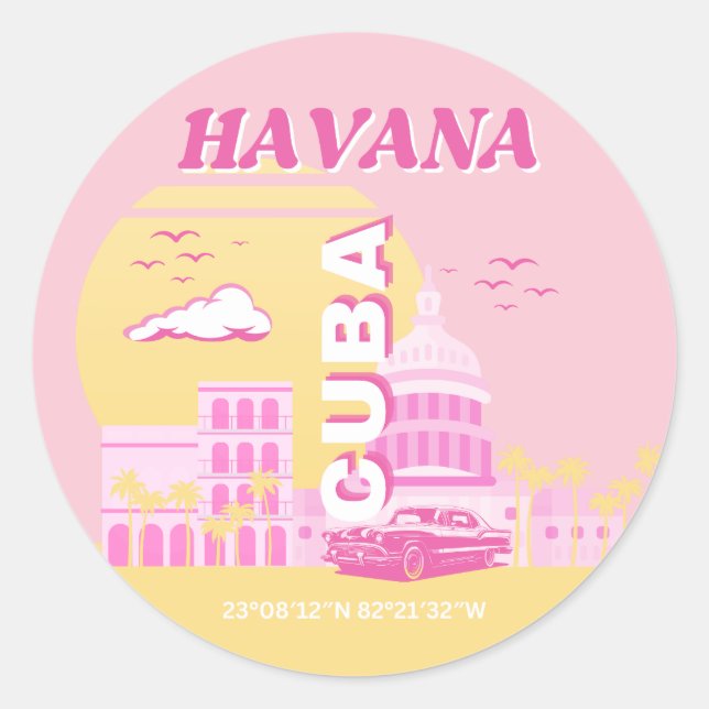 Havana Cuba Pink Preppy Art Runder Aufkleber (Vorderseite)