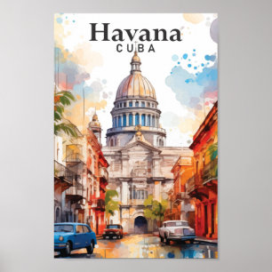 Havana Cuba Watercolor Painting Travel Poster