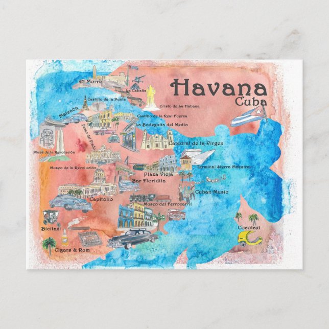 Havana Kuba Illustrierte Reisekarte Postkarte (Vorderseite)