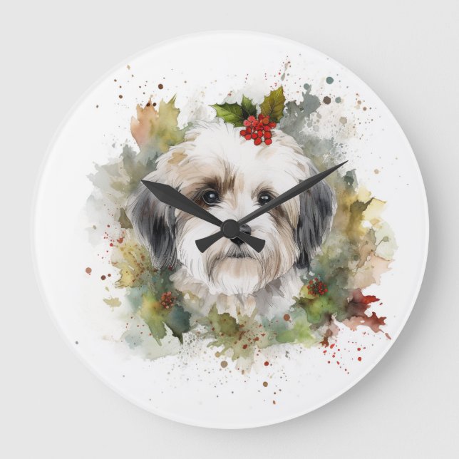 Havanese Christmas Wreath Festivals Große Wanduhr (Vorderseite)