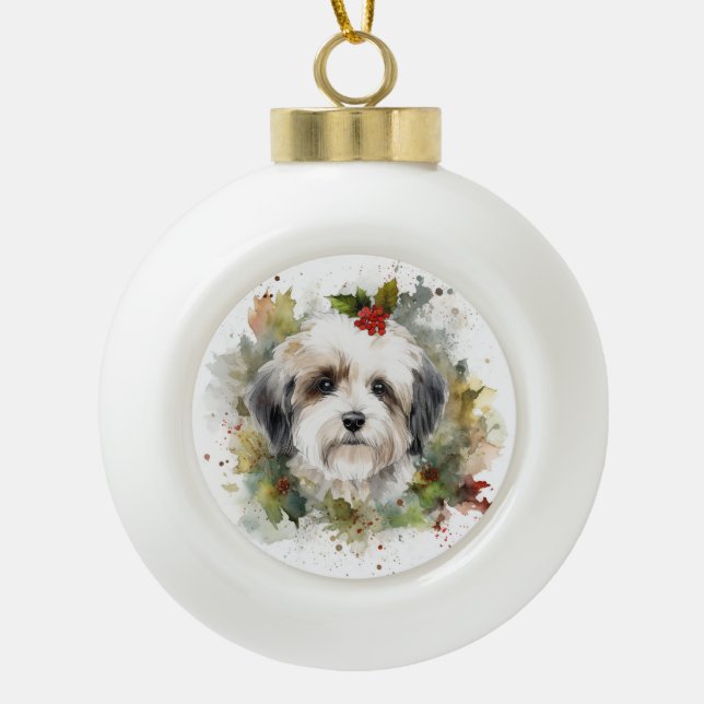 Havanese Christmas Wreath Festivals Keramik Kugel-Ornament (Vorderseite)