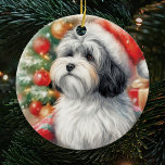 Havanese Dog in einer Weihnachtsmannmütze Weihnach Keramik Ornament<br><div class="desc">Erleben Sie Ihre Feiertage mit unserem charmanten Havanna Hund in einer Weihnachtsmannmütze Weihnachts-Keramik Ornament. Dieses reizende Ornament besticht durch eine bezaubernde Havanese, die in einer festlichen Weihnachtsmannmütze geschmückt ist und Ihrem Weihnachtsbaum eine Touch Whimsy verleiht. Dieses handgefertigte Keramik-Ornament ist ein Geschenk für Hundeliebhaber und Haustierbesitzer und erweckt die Freude an...</div>
