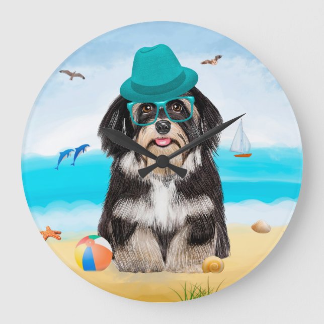 Havanese Dog on Beach Große Wanduhr (Vorderseite)
