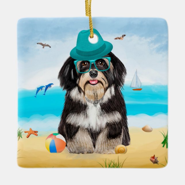 Havanese Dog on Beach Keramikornament (Vorderseite)