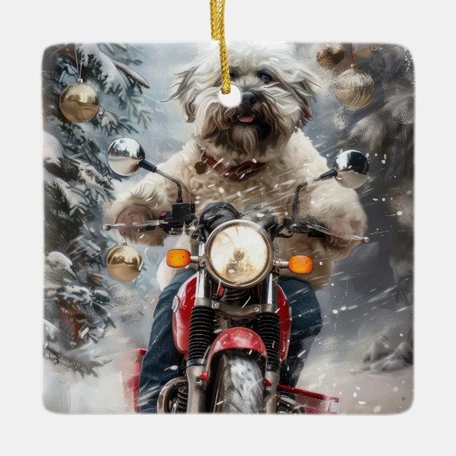 Havanese Dog Riding Motorrad Weihnachten Keramikornament (Vorderseite)