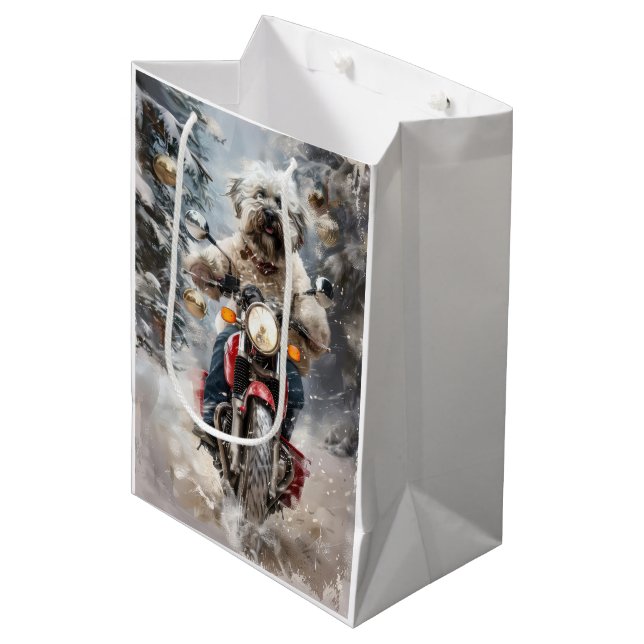 Havanese Dog Riding Motorrad Weihnachten Mittlere Geschenktüte (Vorderseite Schrägansicht)