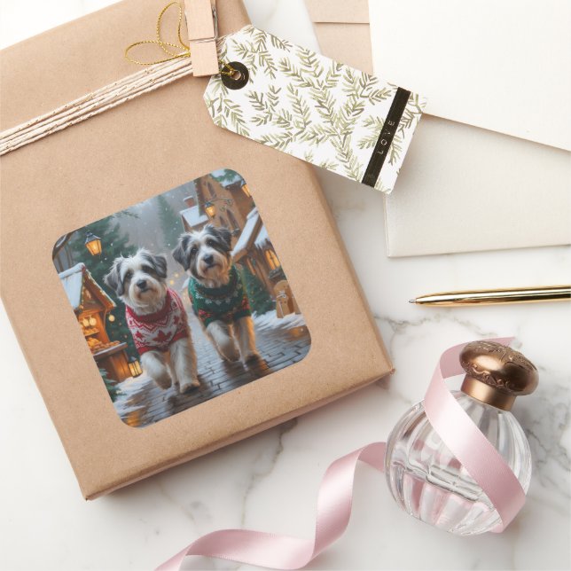 Havanese Dogs Christmas Snow Holiday  Quadratischer Aufkleber (Schenken)