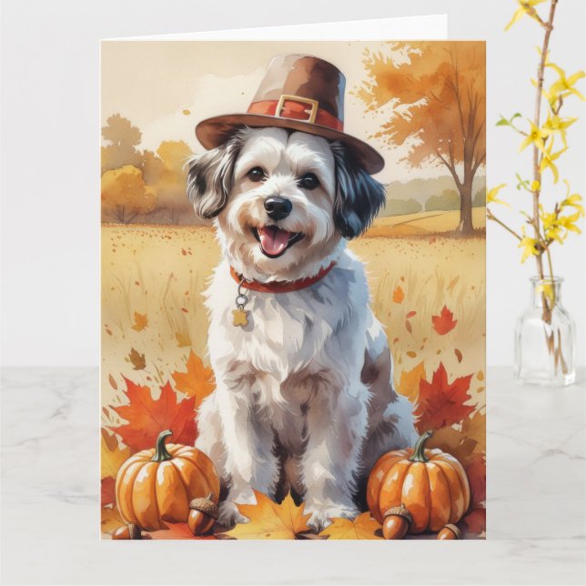 Havanese Herbstverlässt Erntedank Art Karte (Gelbe Blume)