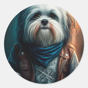 Havanese-Hund auf Fahrrad Digitale Malerei Runder Aufkleber