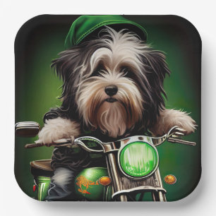 Havanese Hund fährt Fahrrad am St. Patrick's Day Pappteller
