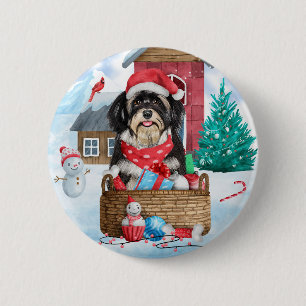 Havanese Hund im Schnee Weihnachtshaus Button
