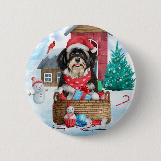 Havanese Hund im Schnee Weihnachtshaus Button (Vorderseite)