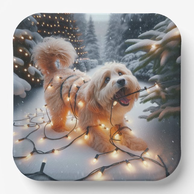 Havanese Hund in verworrenen Weihnachtsleuchten Pappteller (Vorderseite)