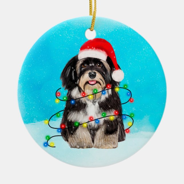 Havanese Hund sitzt im Schnee Weihnachtshutt Licht Keramik Ornament (Vorne)