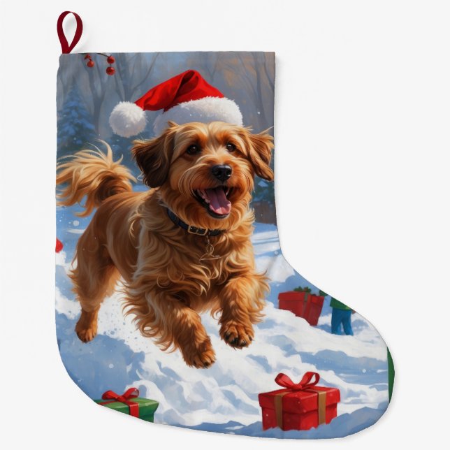 Havanese läuft in Schnee mit Weihnachtshut Großer Weihnachtsstrumpf (Vorderseite)