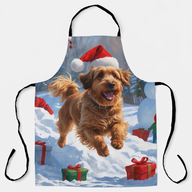 Havanese läuft in Schnee mit Weihnachtshut Schürze (Vorderseite)