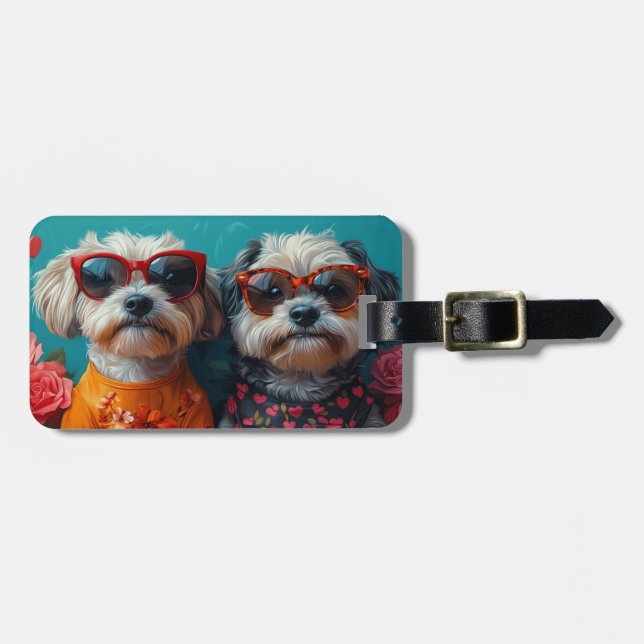 Havanese mit Herz-Rose Valentinstag Gepäckanhänger (Vorderseite horizontal)