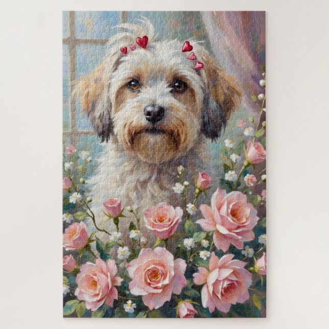 Havanese Peeking from Valentine's Rose Bouquet (Vertikal)