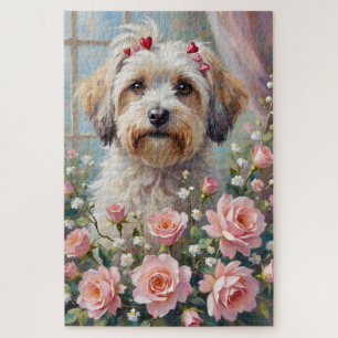 Havanese schaut hinter einem Valentinsrosenstrauß