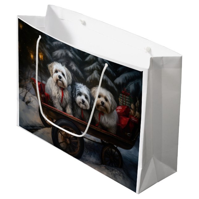 Havanese Snowy Sleigh Weihnachtsdekor Große Geschenktüte (Vorderseite Schrägansicht)