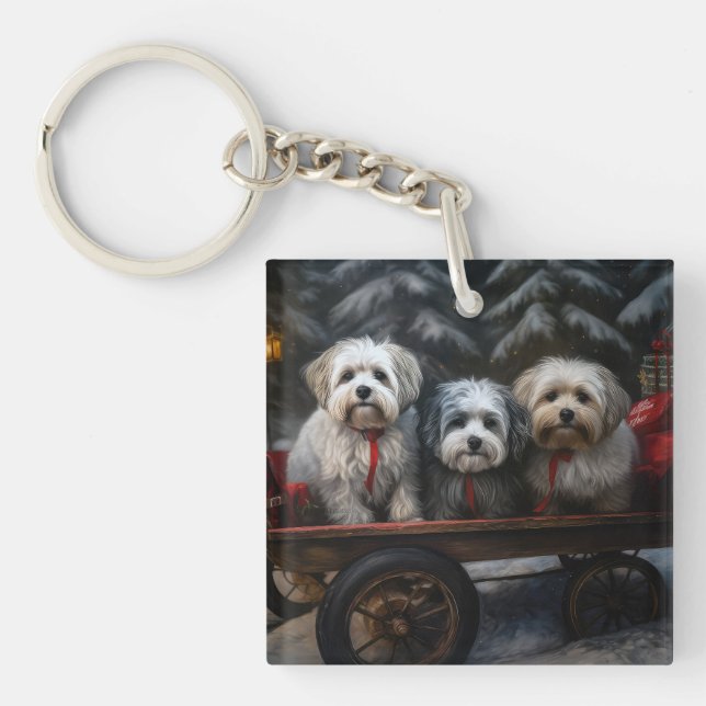 Havanese Snowy Sleigh Weihnachtsdekor Schlüsselanhänger (Vorderseite)