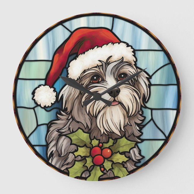 Havanese Stached Glass Christmas Große Wanduhr (Vorderseite)