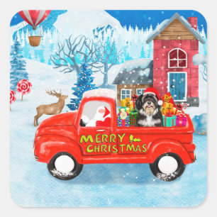 Havaneser-Hund-Weihnachtslieferwagen-Schnee Quadratischer Aufkleber
