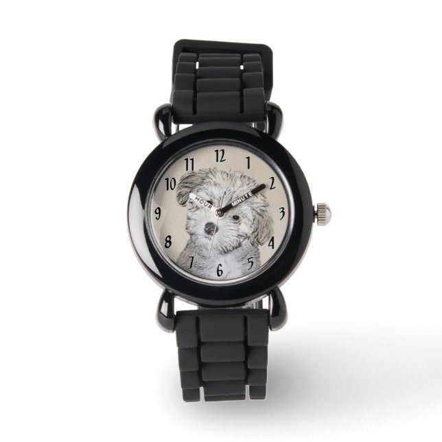Havanesische Welpenmalerei - Niedliche Original Hu Armbanduhr (Vorderseite)